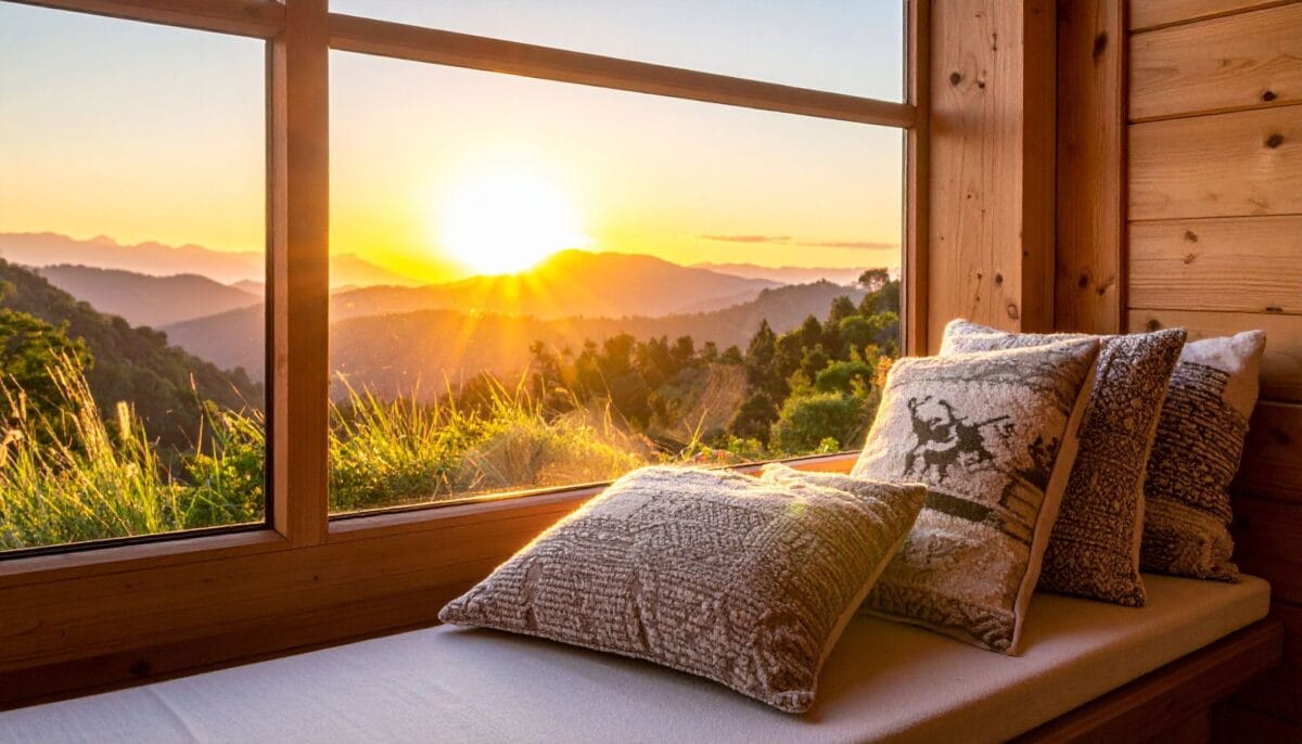 Morning sun rising over the hazy blue ridges of the Smoky Mountains as seen from a cabin balcony.