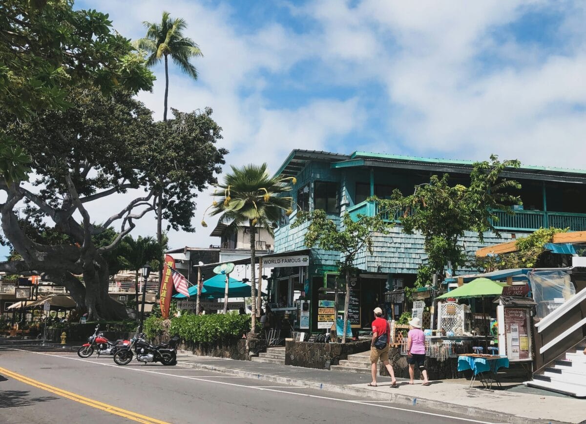 Tourist strip with many shops in downtown Kailua-Kona Big island Hawaii