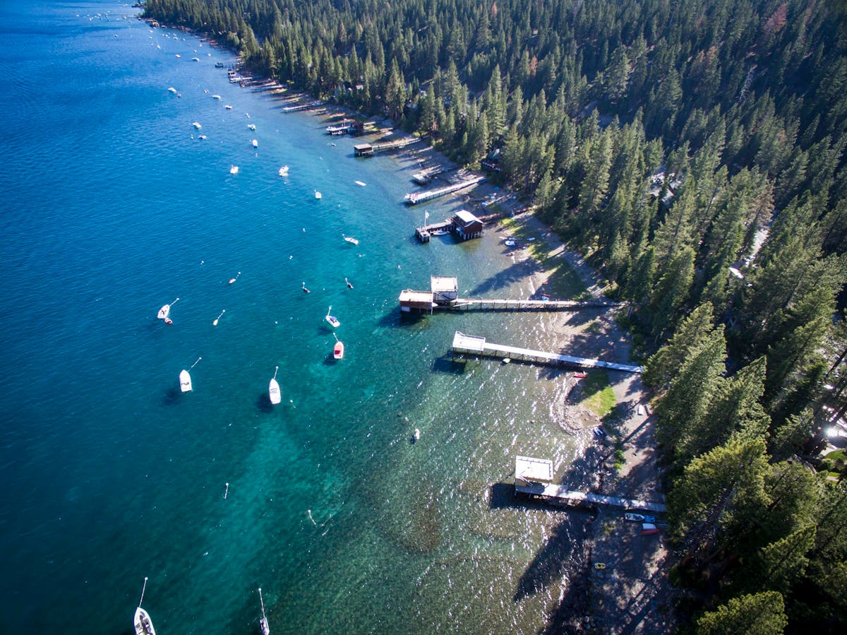 How to Choose a Lake Tahoe CAbin for Families: A Summer Guide 4 Stunning aerial shot of Lake Tahoe's forested shoreline and boats during summer.